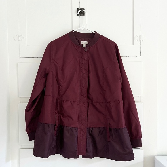 LOGO Lori Goldstein Burgundy Bomber Jacket Tiered Peplum Hem Full Zip Size Small - Picture 2 of 7